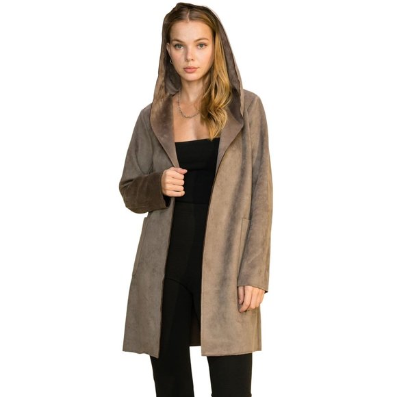 HYFVE WOMENS MUSHROOM/BEIGE LONG SLEEVE FAUX SUEDE JACKET W/HOOD W/POCKETS - - Picture 6 of 10